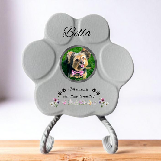 Huella conmemorativa gris pequeña con soporte, personalizada con imagen y flores