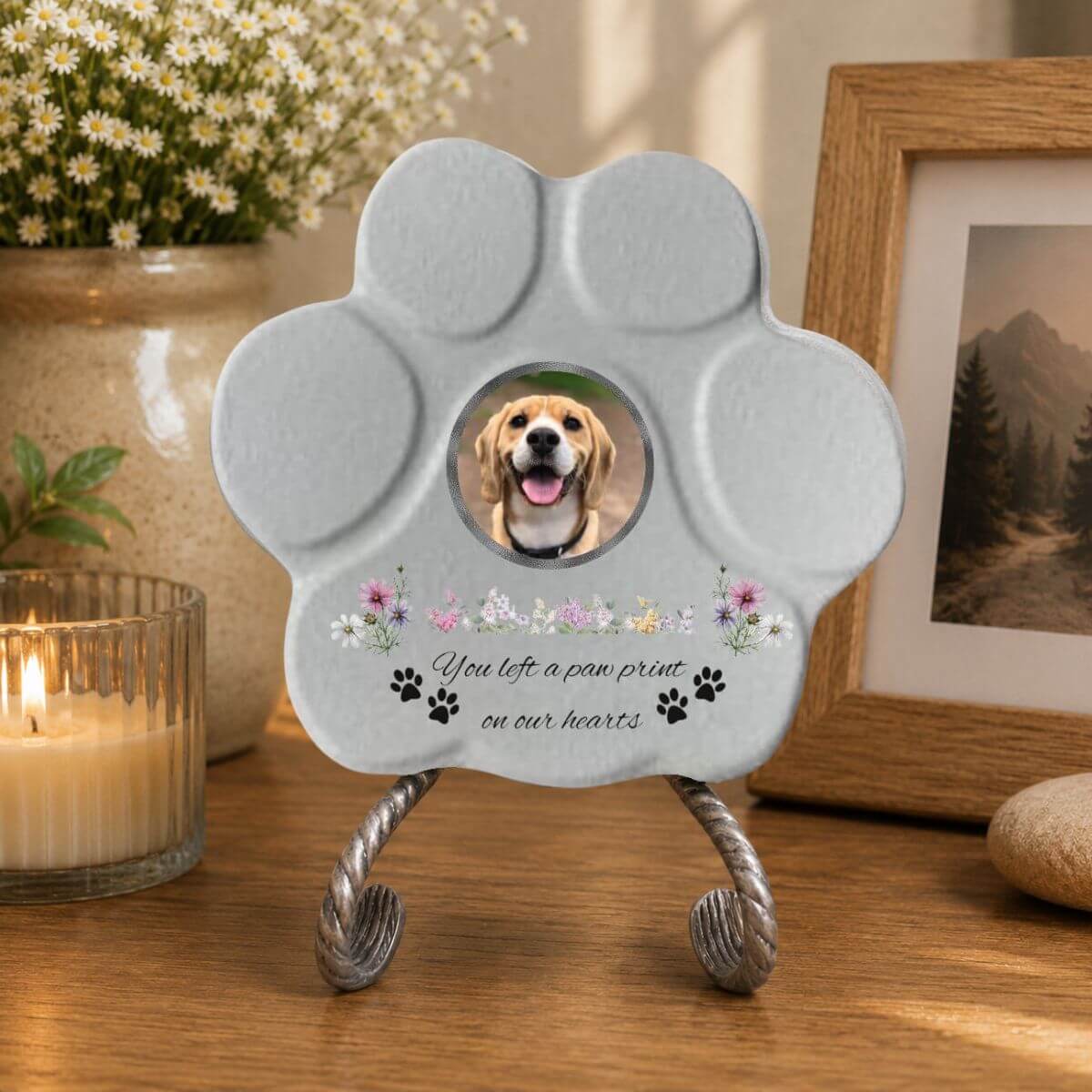 Personalized Footprint Stone – Photo, Name and Message “You Left Footprints on Our Hearts” (English) 
