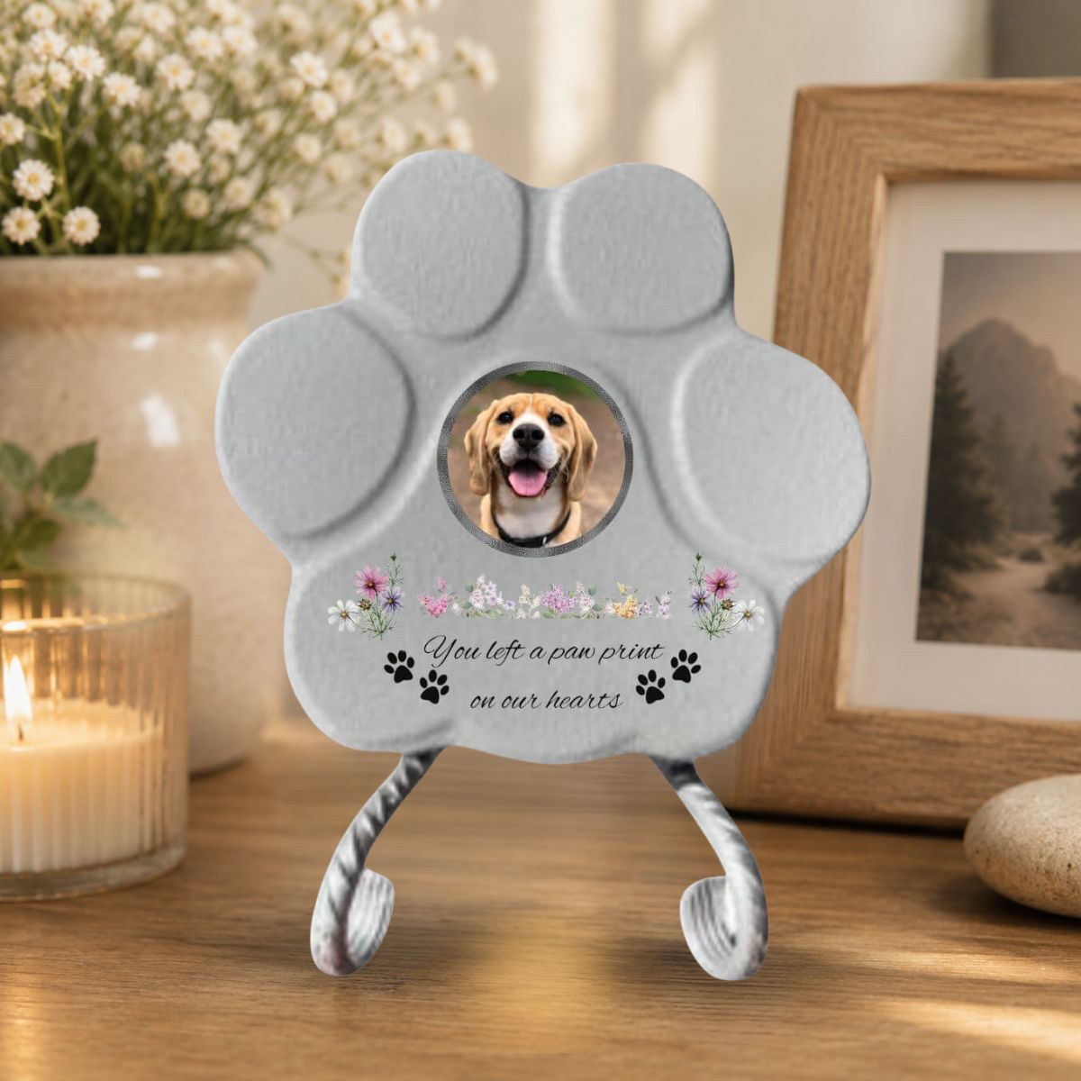 Personalized Footprint Stone – Photo, Name and Message “You Left Footprints on Our Hearts” (English) 