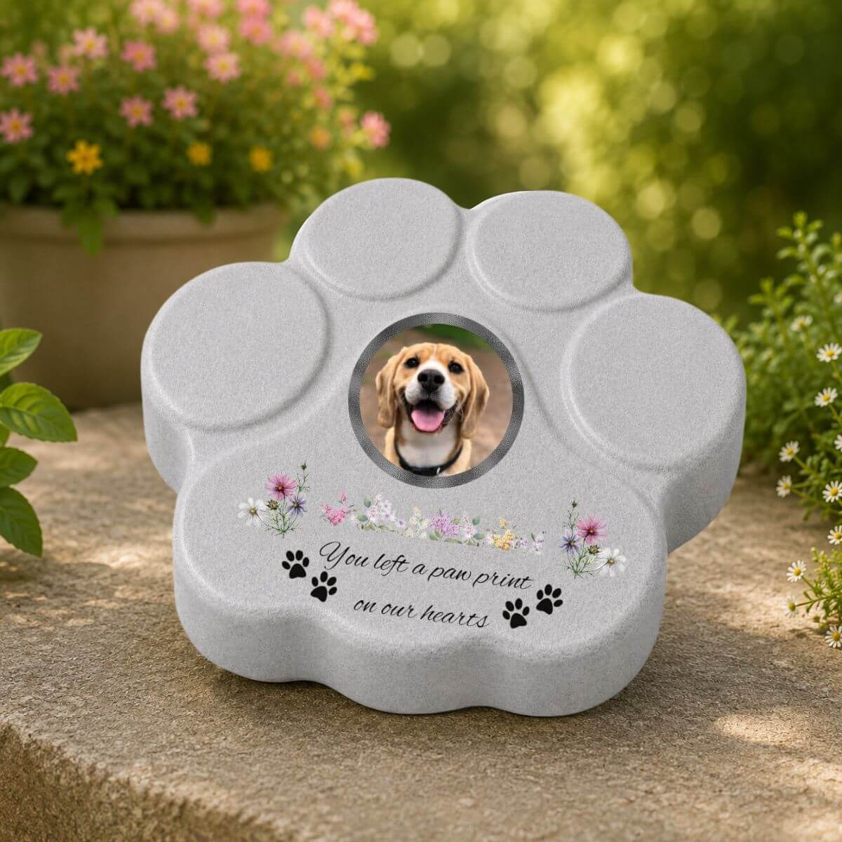 Personalized Footprint Stone – Photo, Name and Message “You Left Footprints on Our Hearts” (English) 