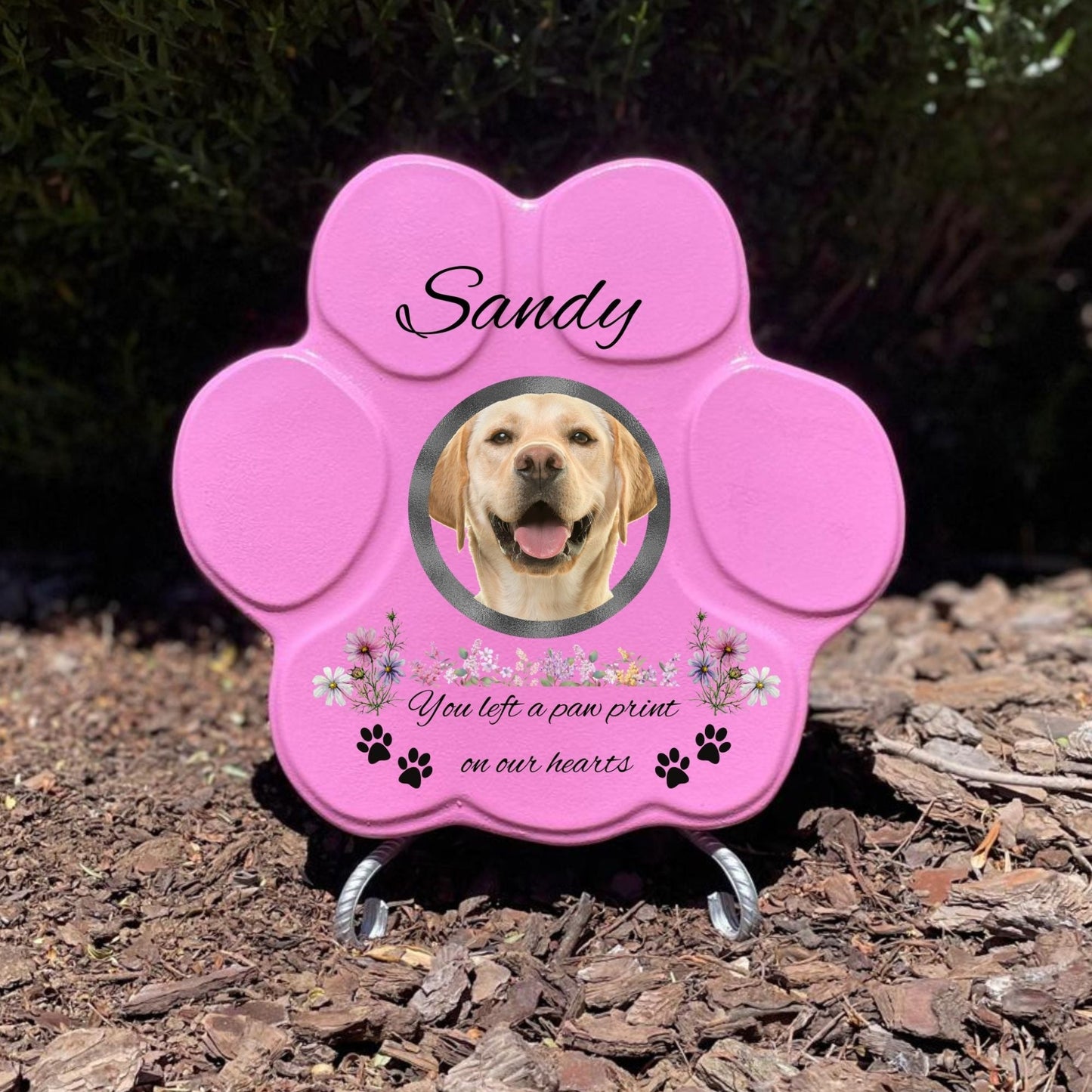 Huella conmemorativa rosa con soporte, personalizada con frase y foto – tamaño mediano