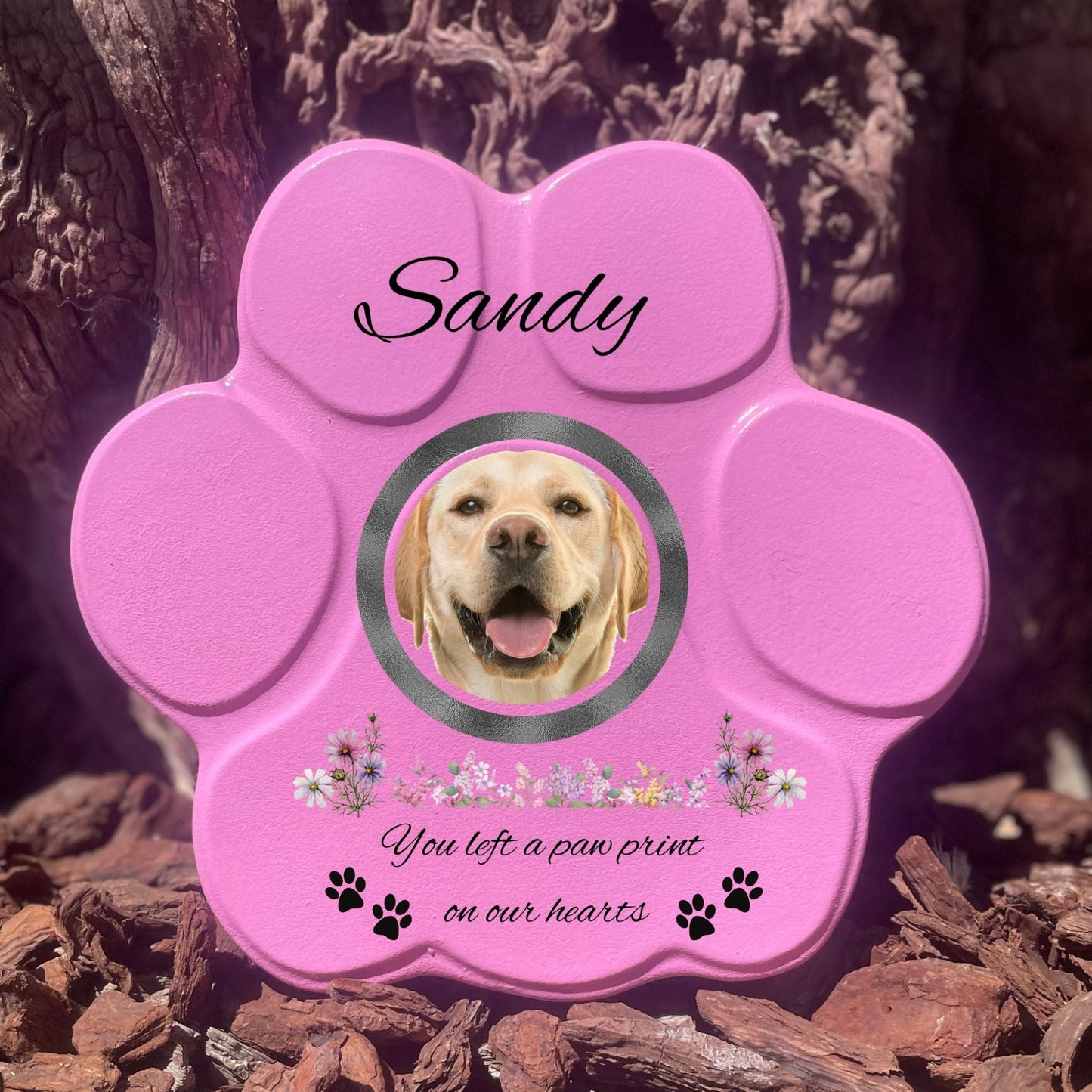 Lápida rosa mediana sin soporte con foto, nombres y mensaje de amor eterno para tu mascota