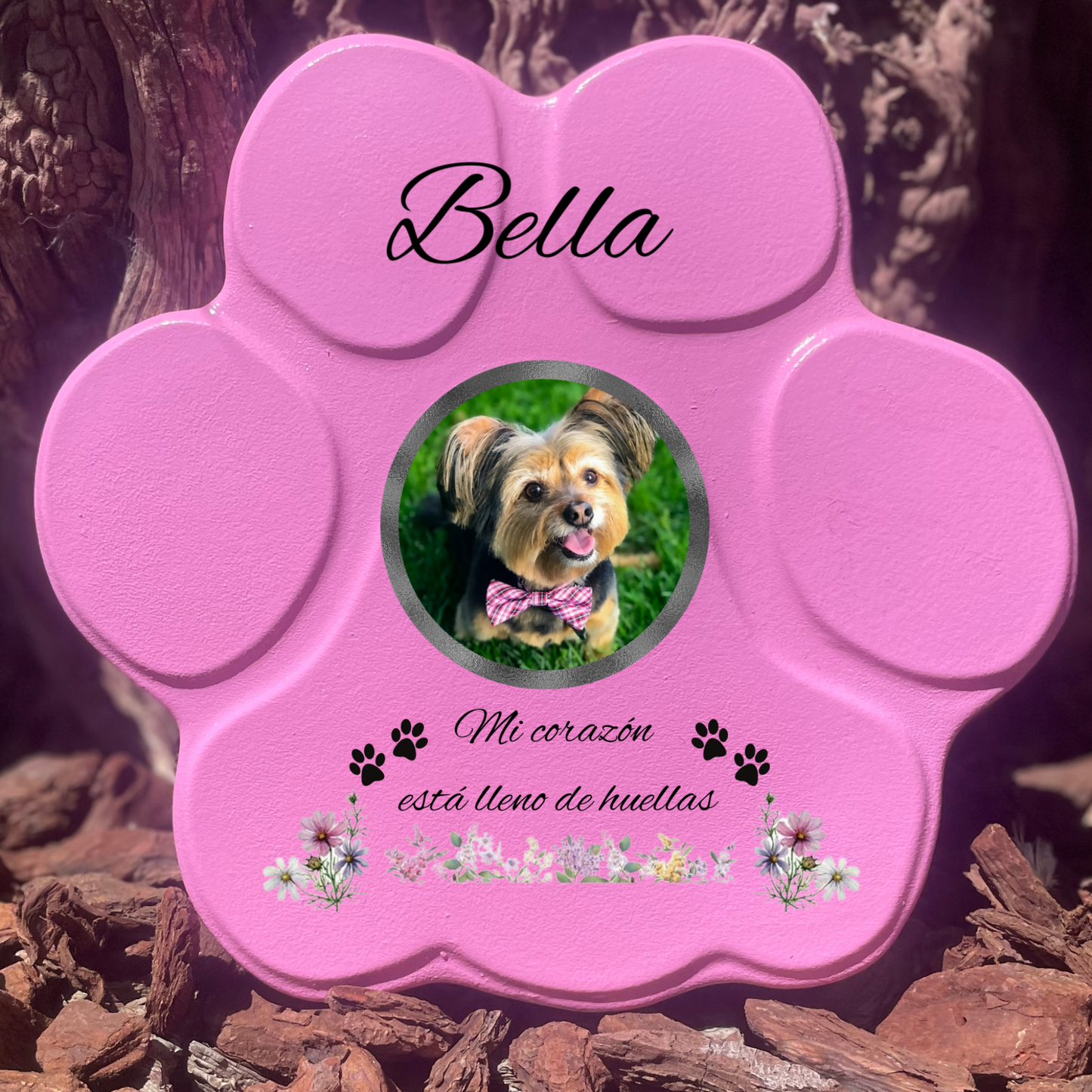 Lápida rosa grande sin soporte, con imagen de mascota y frase con huellas