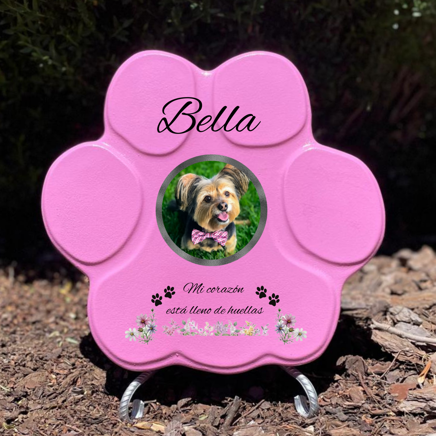 Lápida rosa con soporte, personalizada con imagen y decoración floral