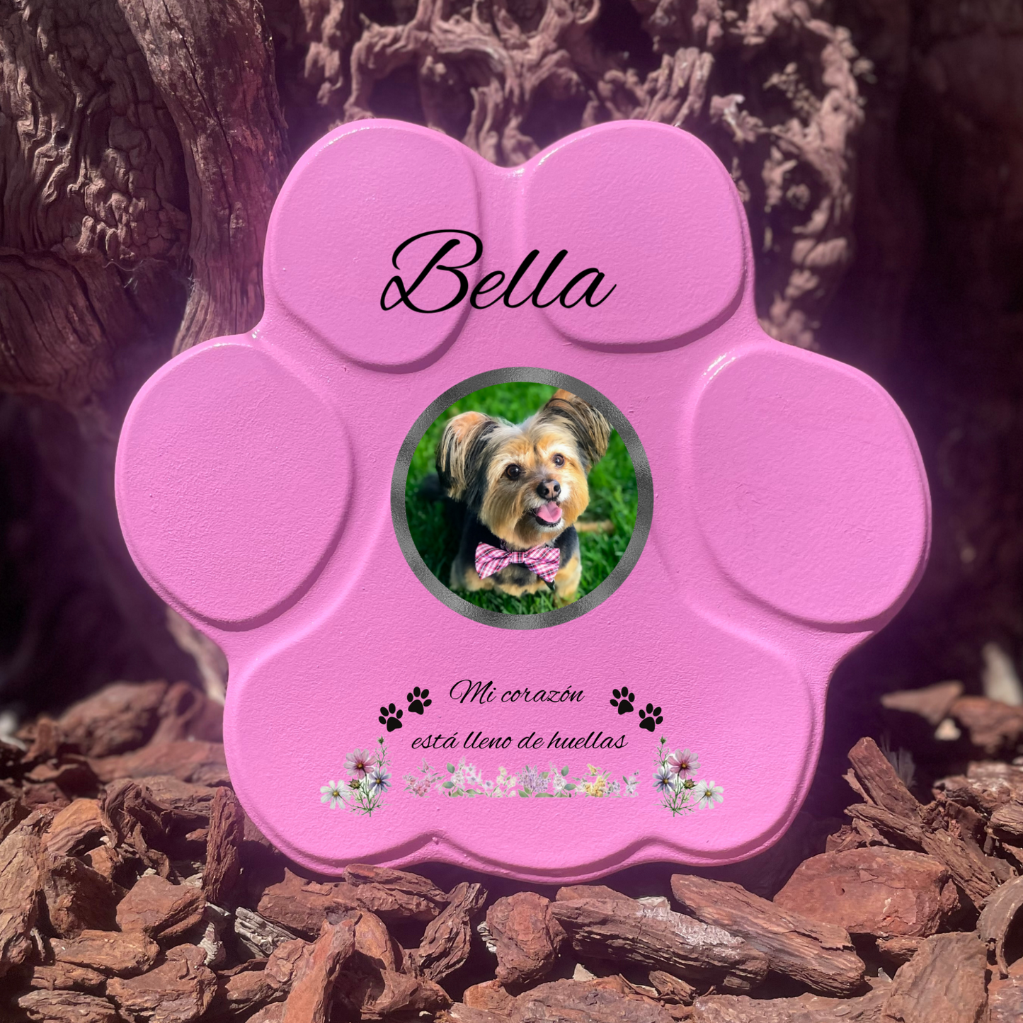 Piedra rosa mediana sin soporte, con foto y frase “You left a paw print on our hearts”