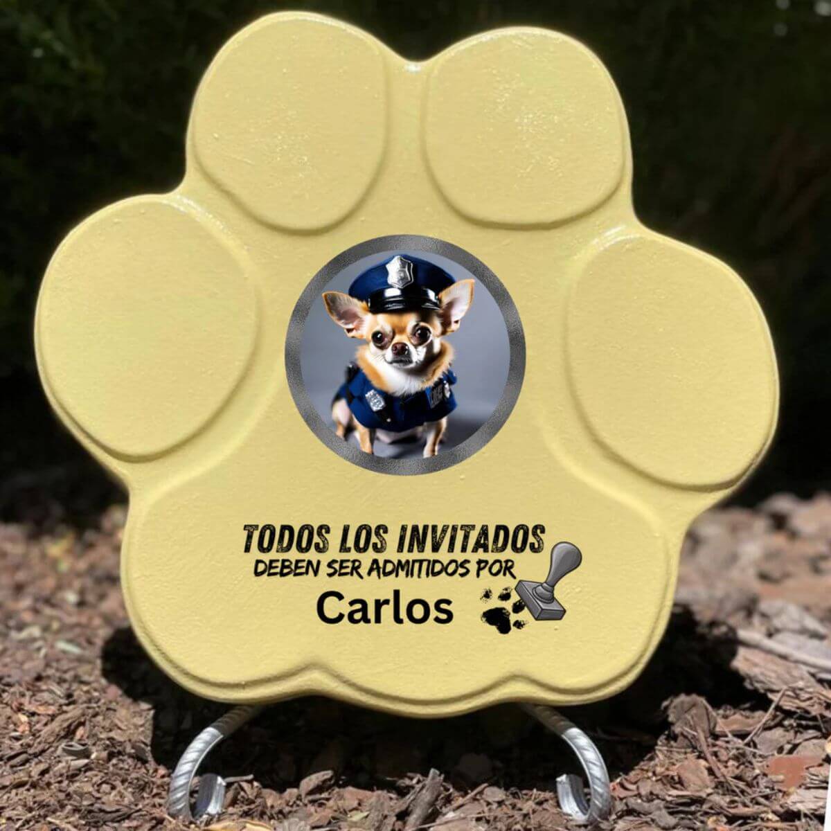 Placa divertida con frase “Todos los invitados deben ser admitidos por...”, tamaño grande, color amarillo, con soporte