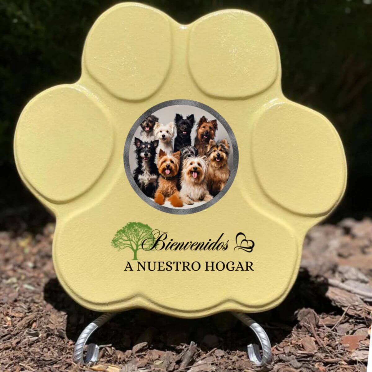 Placa personalizada amarilla grande con frase “Bienvenidos a nuestro hogar” — con foto de tu mascota favorita.