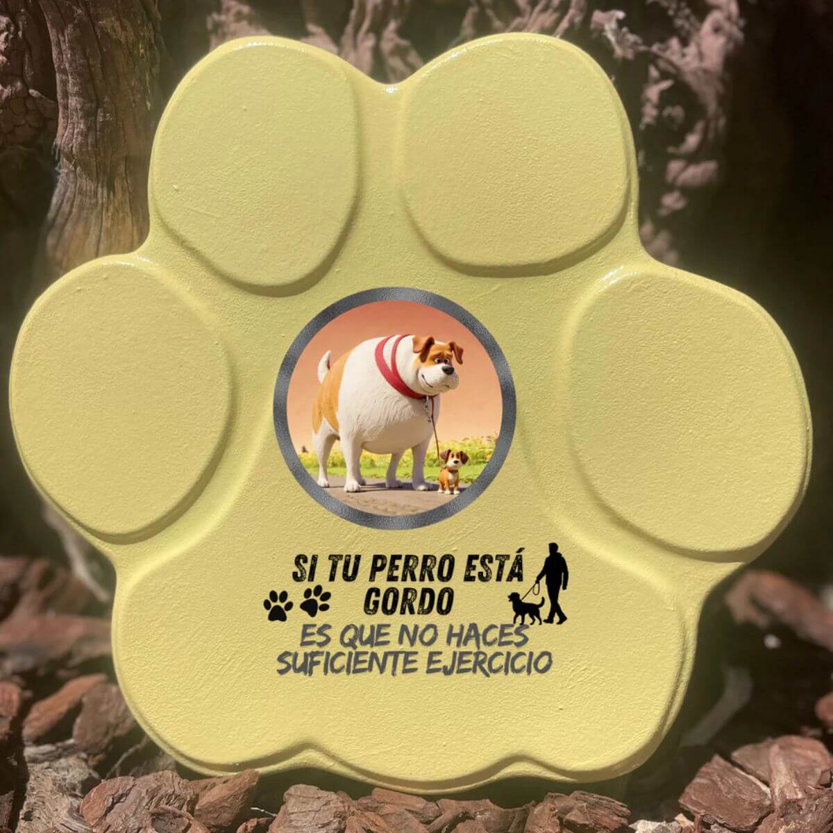 Placa divertida con frase “Si tu perro está gordo”, huella grande, color amarillo, sin soporte