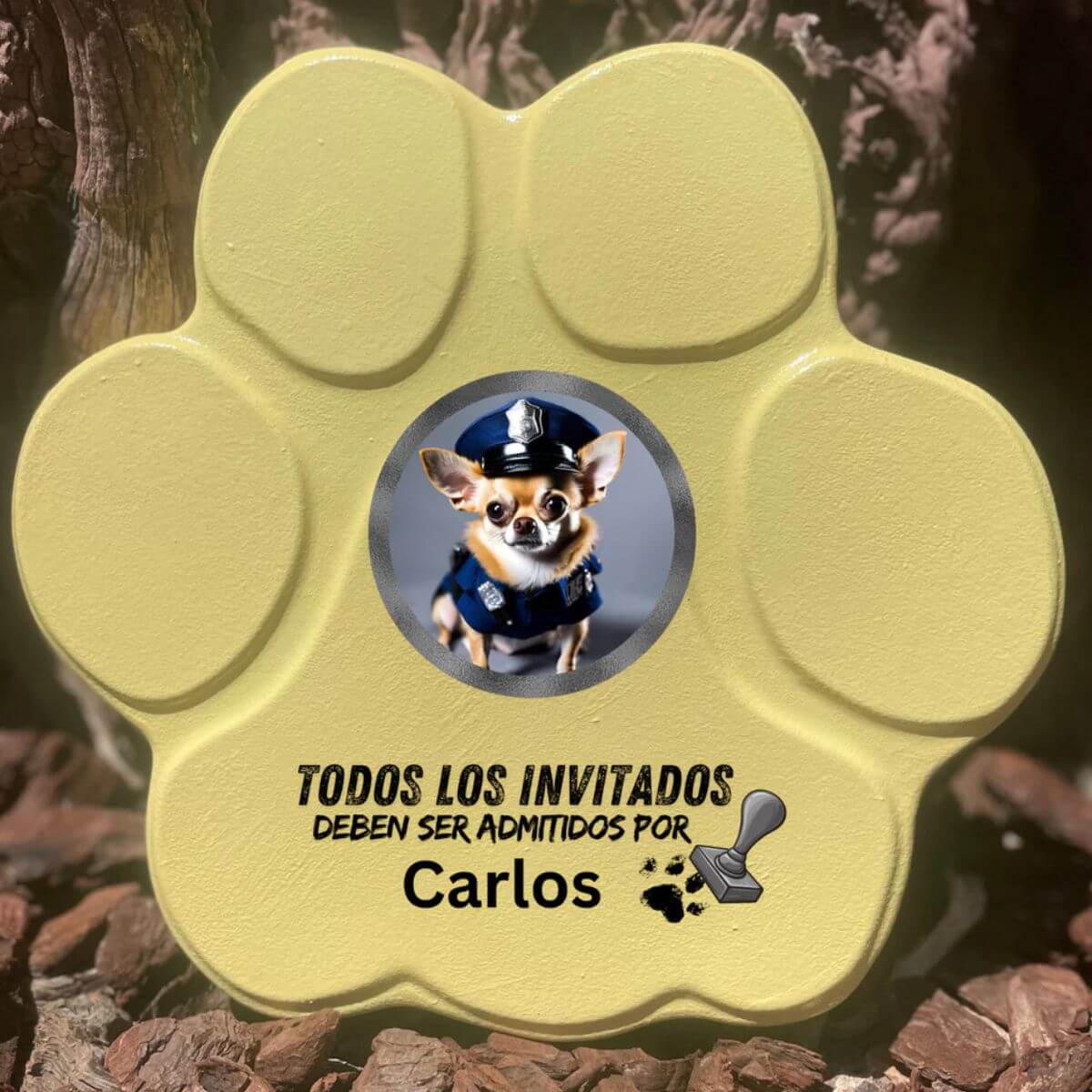 Placa divertida con frase “Todos los invitados deben ser admitidos por...”, tamaño grande, color amarillo, sin soporte