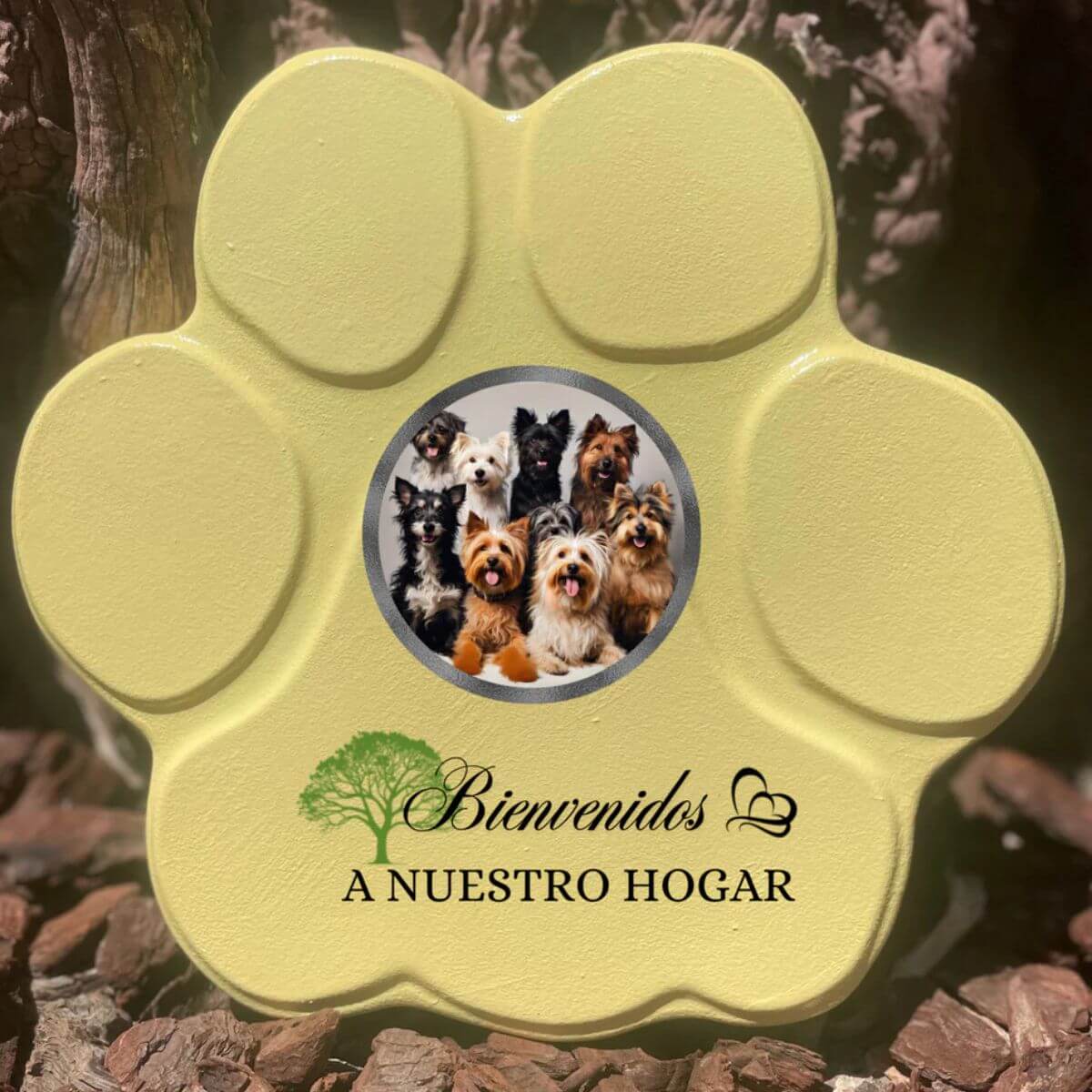 Regalo para amantes de mascotas: placa amarilla grande con foto y frase “Bienvenidos a nuestro hogar