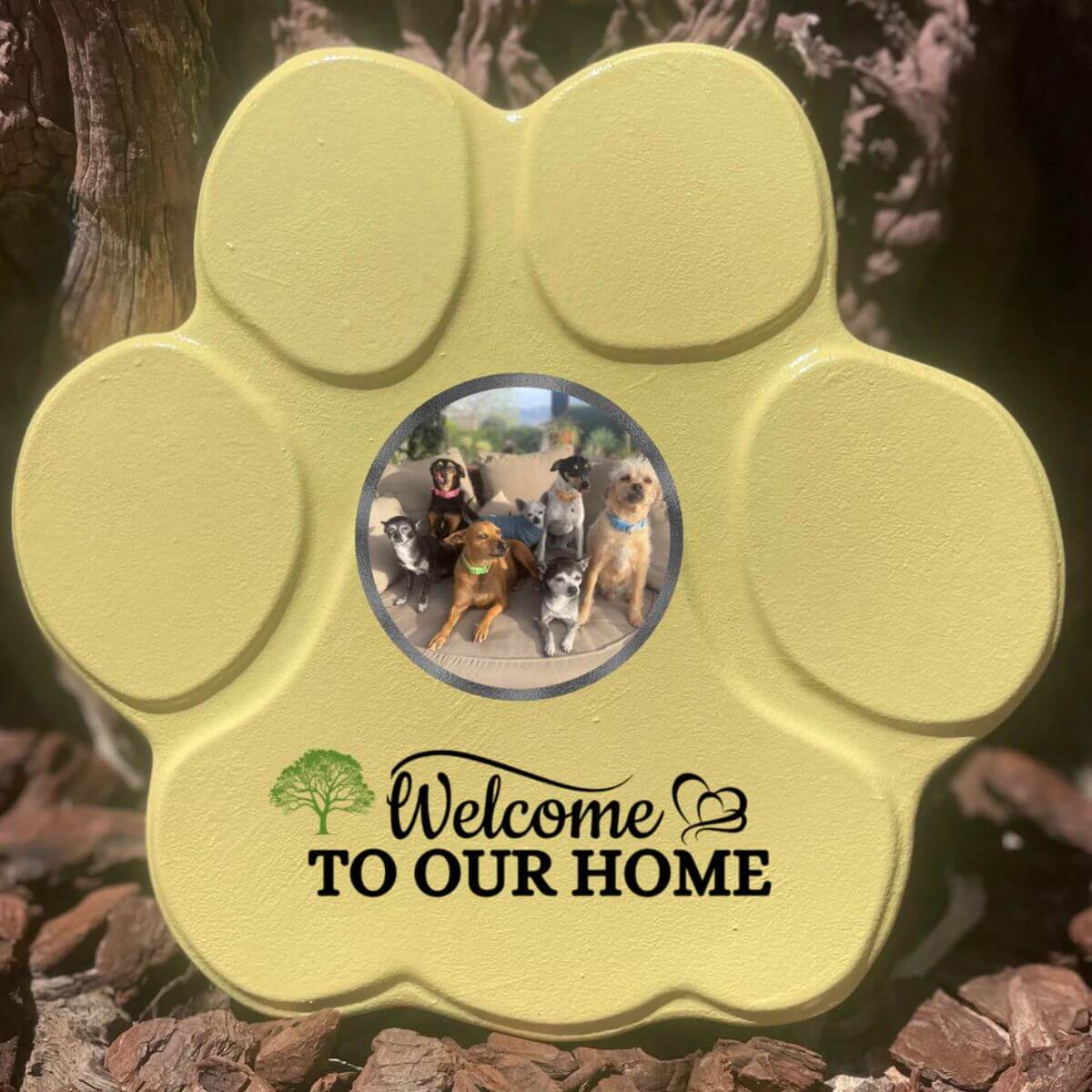Placa amarillo grande sin soporte, con foto de mascota y frase personalizada – regalo hecho a mano para perros y gatos

