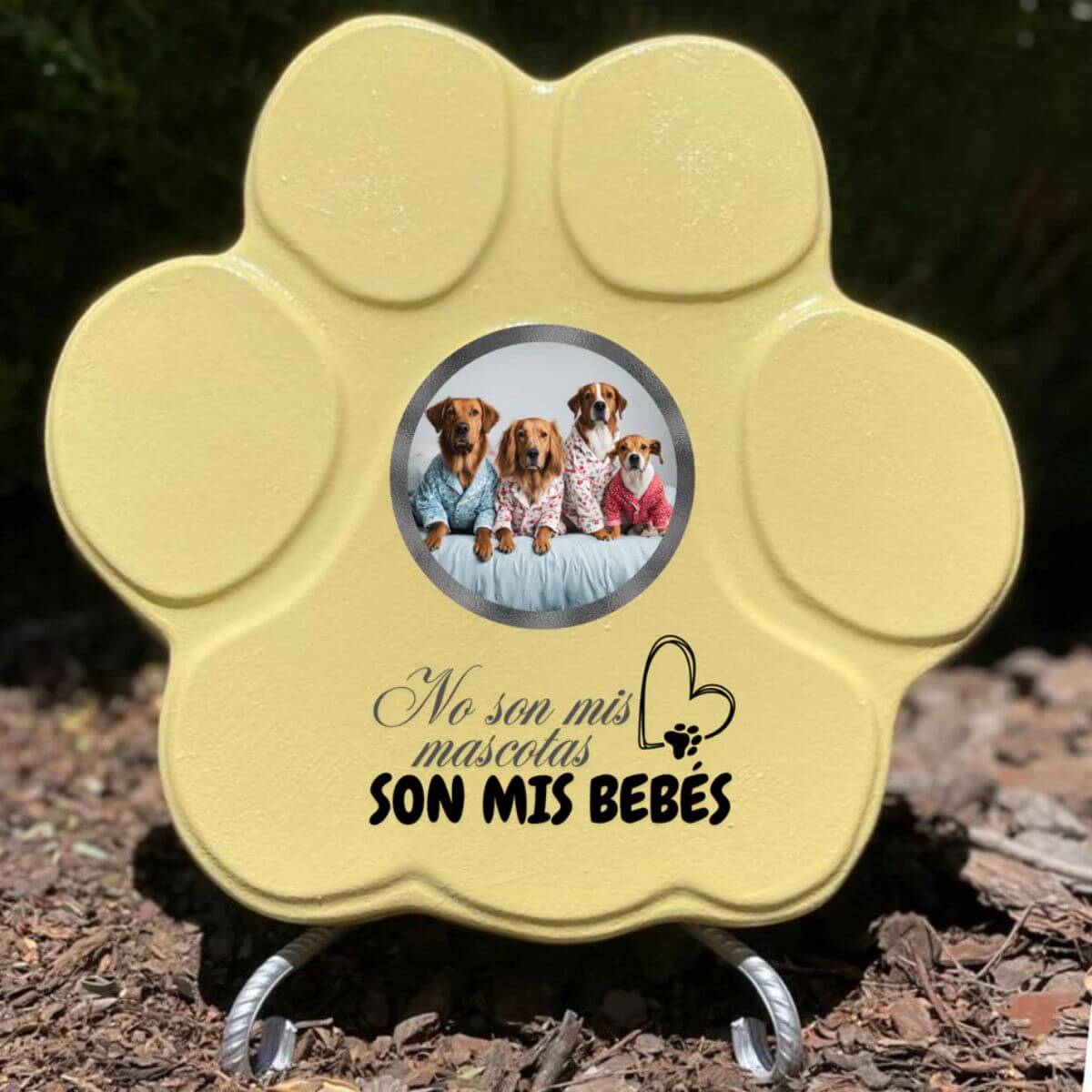 Placa personalizada para mascota grande amarilla con foto y frase “Son Mis Bebés”, con soporte

