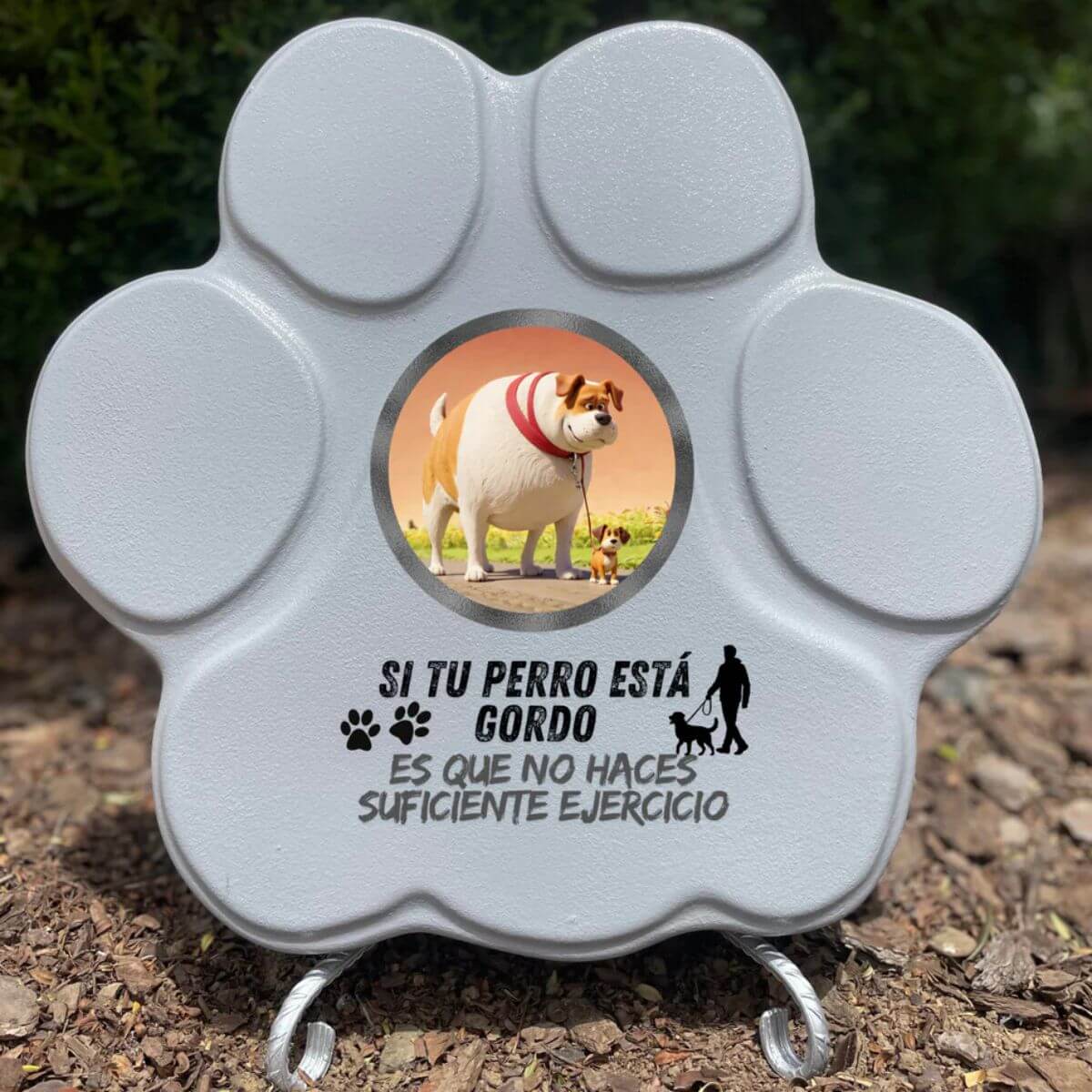 Placa divertida con frase “Si tu perro está gordo”, huella grande, color gris, con soporte