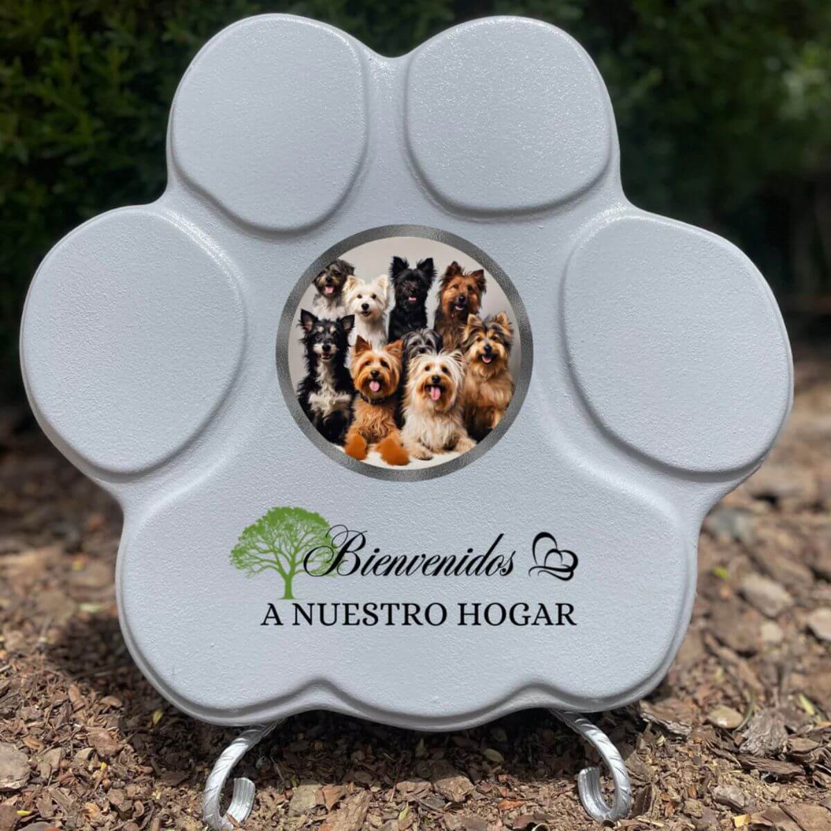 Placa grande gris para mascotas con foto y frase “Bienvenidos a nuestro hogar” — decoración con toque personal.