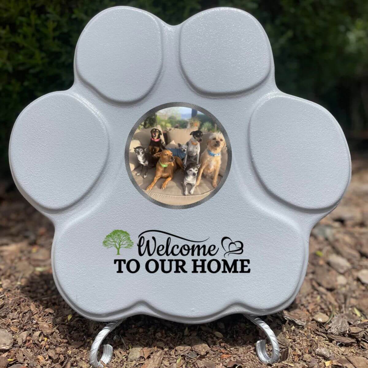 Placa gris grande con soporte, con foto de mascota y frase personalizada – regalo hecho a mano para perros y gatos