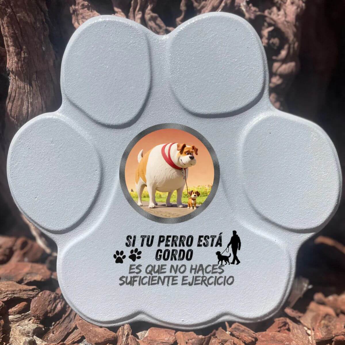 Placa divertida con frase “Si tu perro está gordo”, huella grande, color gris, sin soporte
