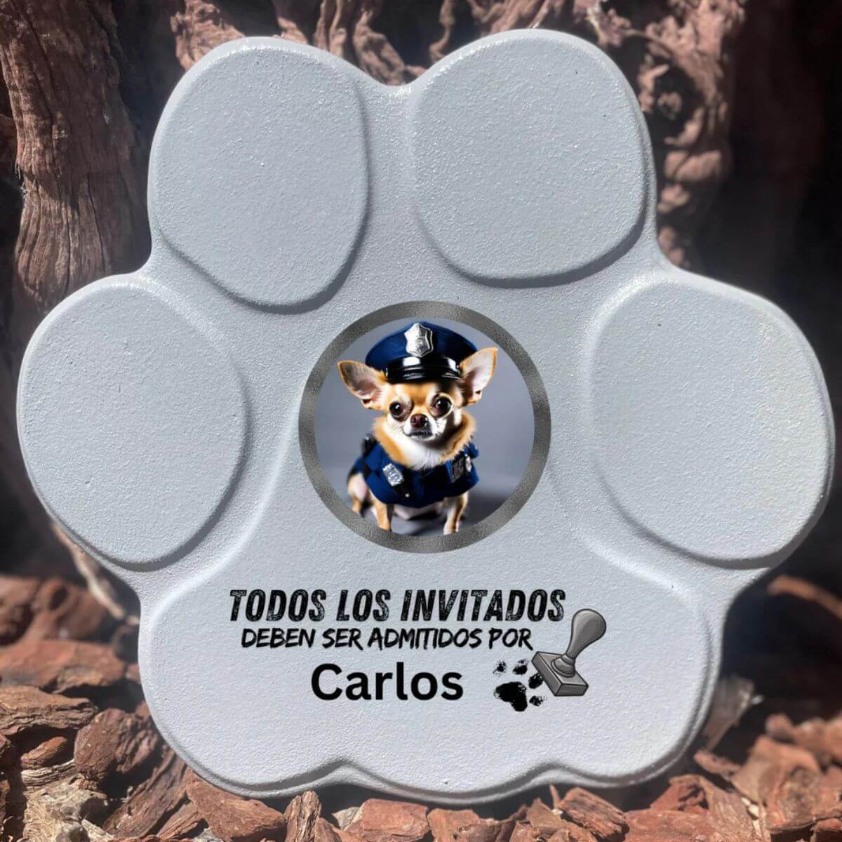 Placa divertida con frase “Todos los invitados deben ser admitidos por...”, tamaño grande, color gris, sin soporte