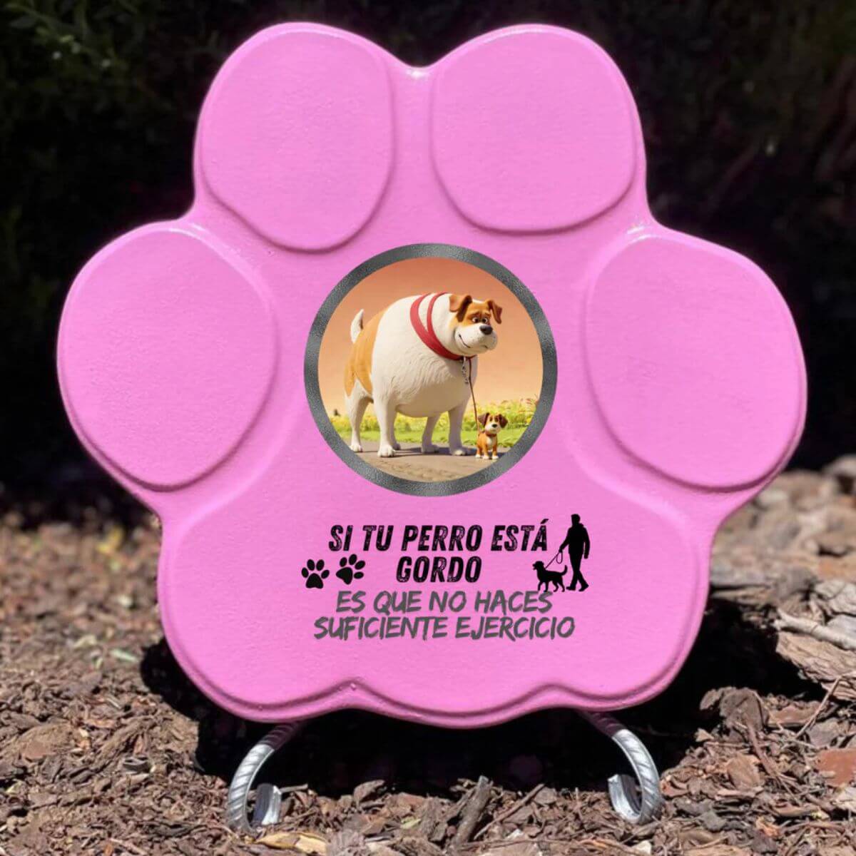 Placa divertida con frase “Si tu perro está gordo”, huella grande, color rosa, con soporte

