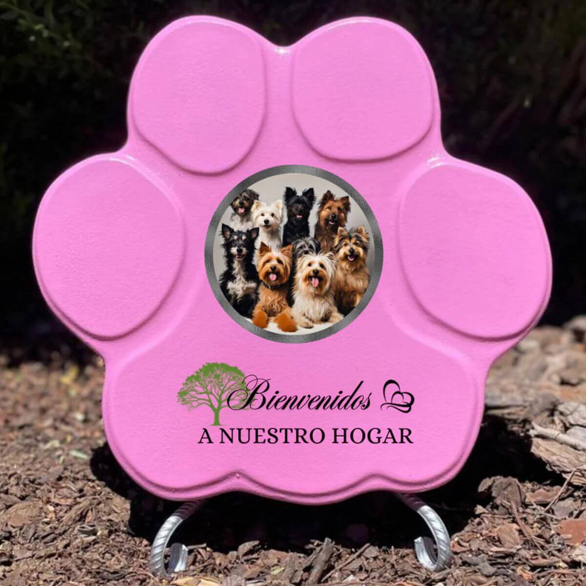 Placa rosa grande con soporte, foto y frase “Bienvenidos a nuestro hogar” — ideal para decorar casa o jardín.