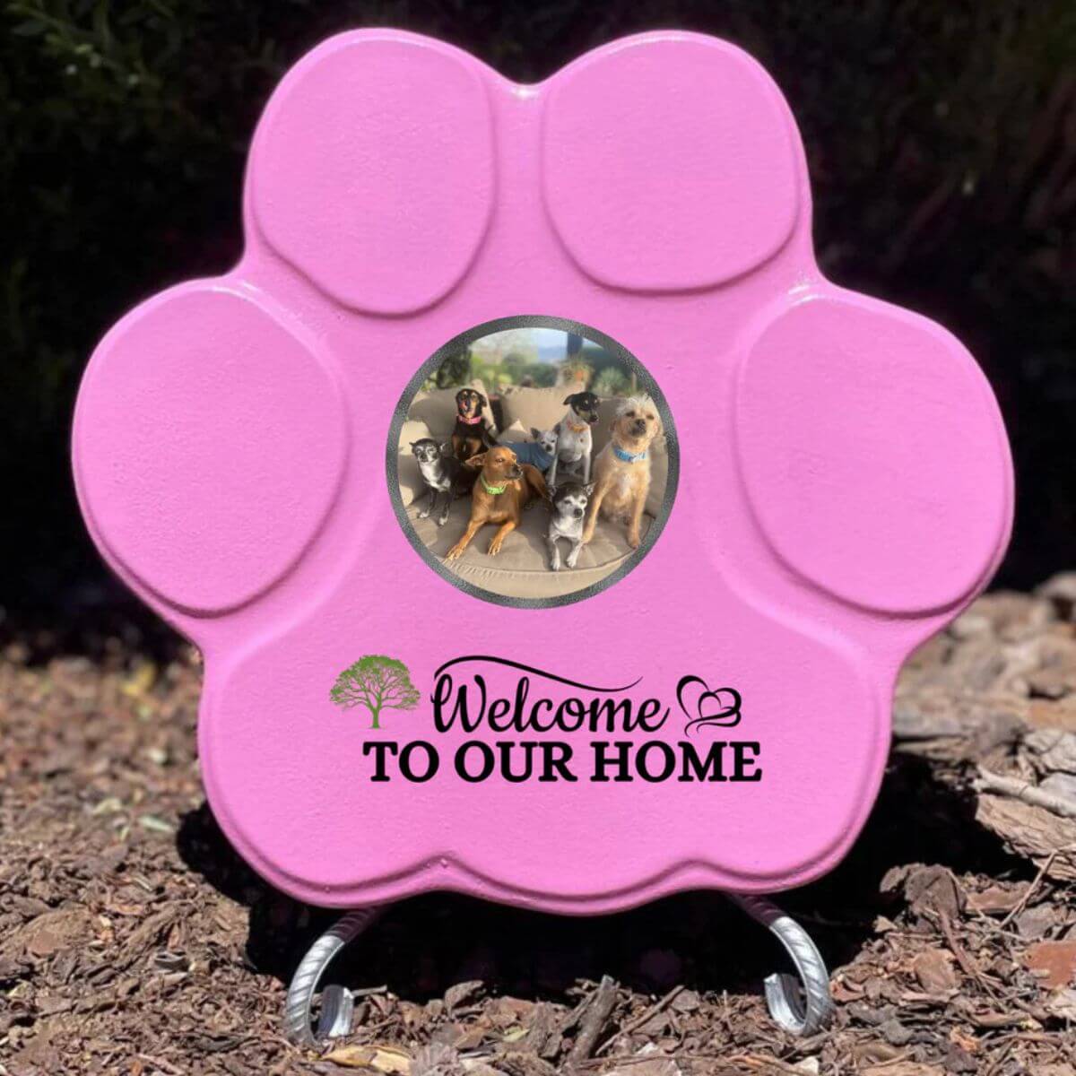 Placa rosa grande con soporte, con foto de mascota y frase personalizada – regalo hecho a mano para perros y gatos

