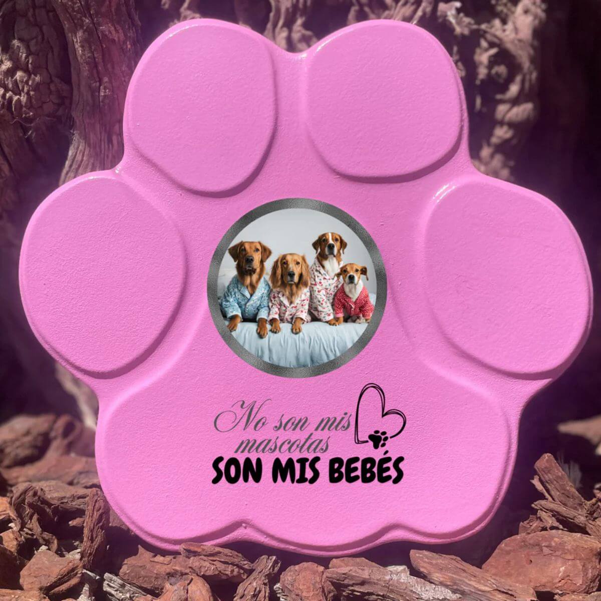 Placa personalizada para mascota grande rosa con foto y frase “Son Mis Bebés”, sin soporte