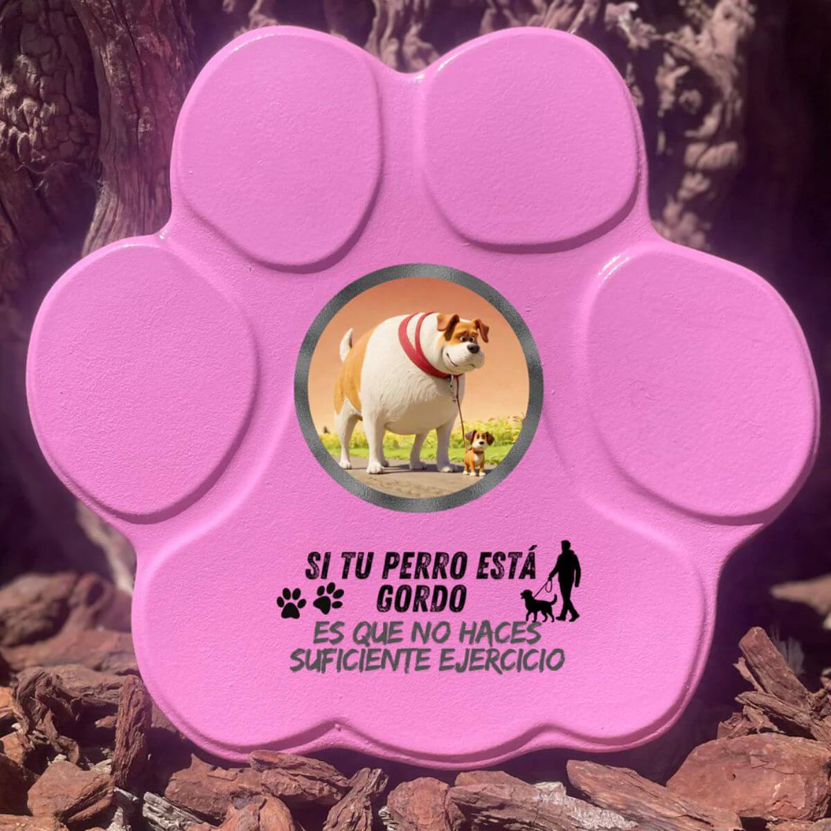 Placa divertida con frase “Si tu perro está gordo”, huella grande, color rosa, sin soporte
