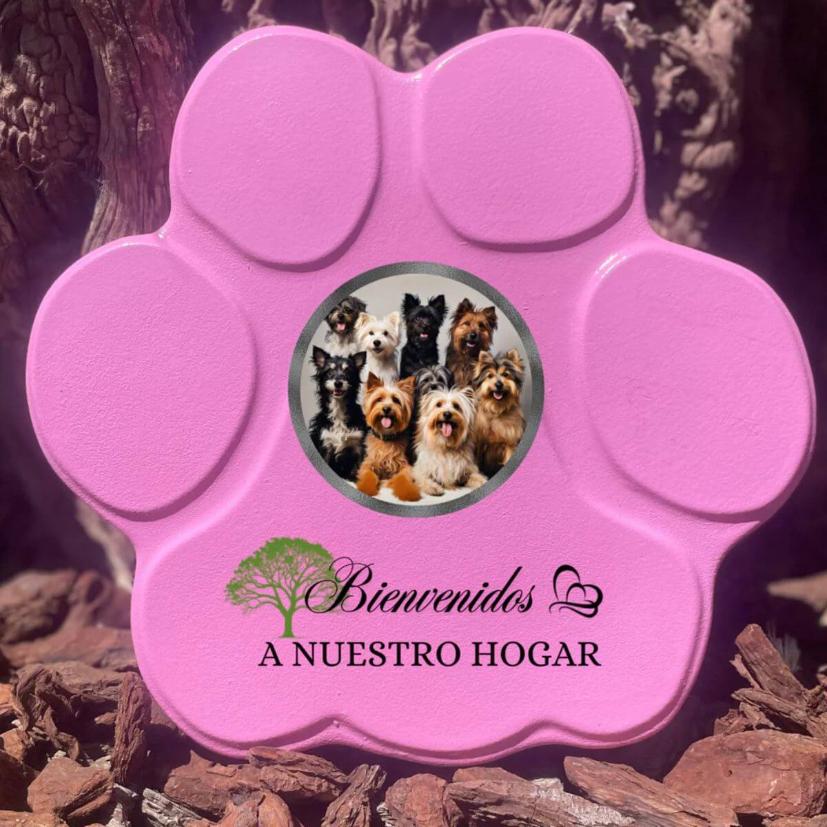 Placa decorativa rosa grande con foto de mascota y texto “Bienvenidos a nuestro hogar” — regalo original y tierno