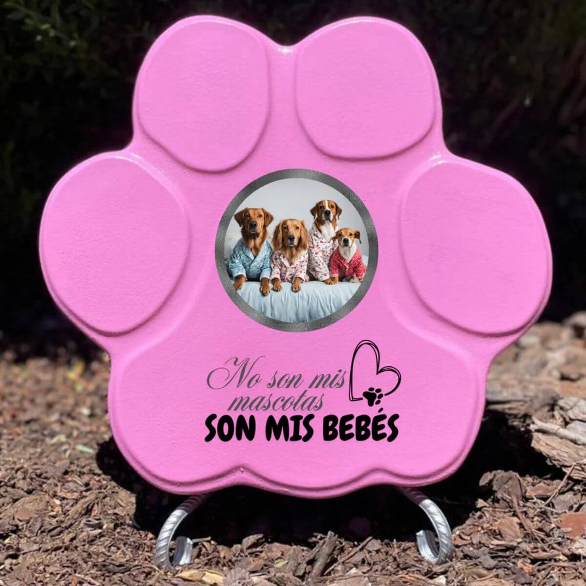 Placa personalizada para mascota grande rosa con foto y frase “Son Mis Bebés”, con soporte
