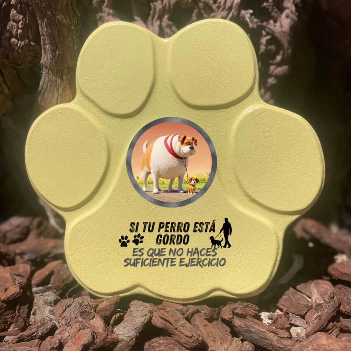 Placa divertida con frase “Si tu perro está gordo”, huella mediana, color amarillo, sin soporte