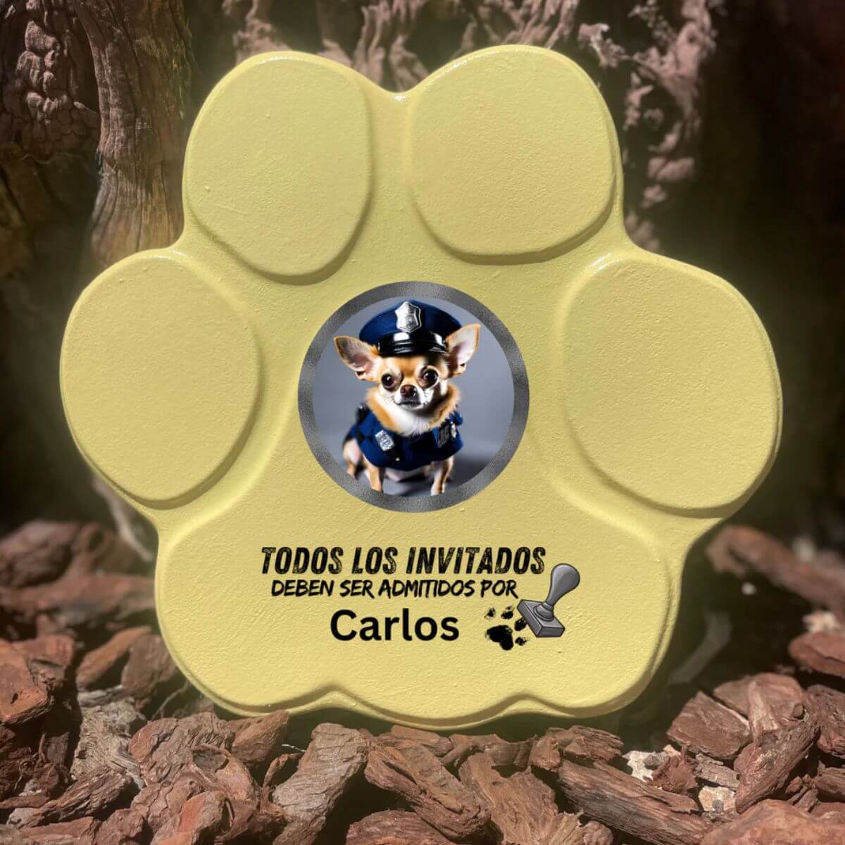 Placa divertida con frase “Todos los invitados deben ser admitidos por...”, tamaño mediano, color amarillo, sin soporte


