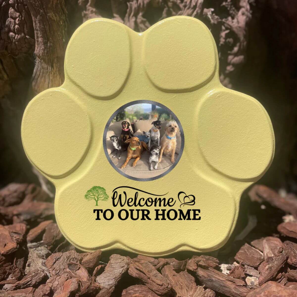 Placa amarillo mediano sin soporte, con foto de mascota y frase personalizada – regalo hecho a mano para perros y gatos

