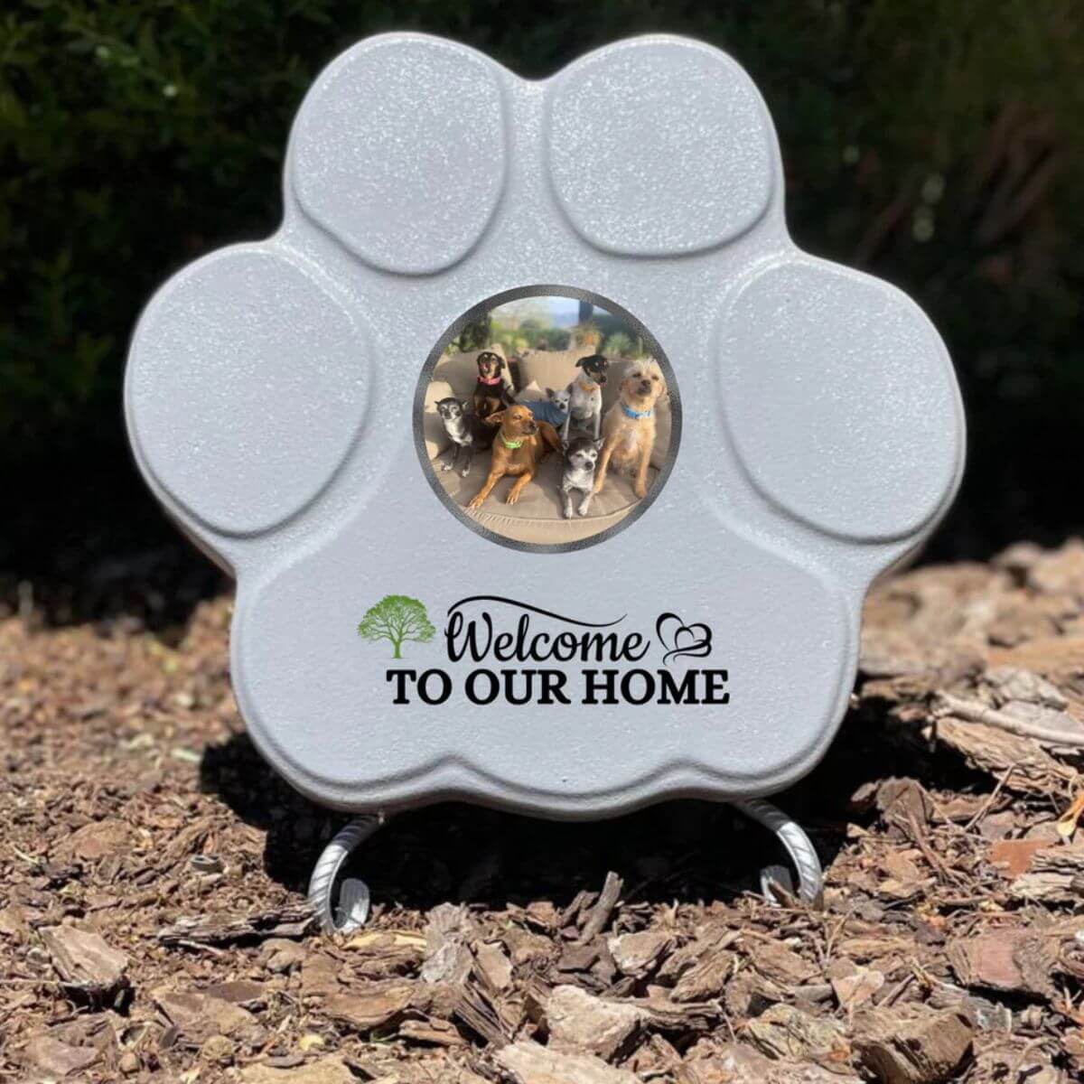 Placa gris mediano con soporte, con foto de mascota y frase personalizada – regalo hecho a mano para perros y gatos