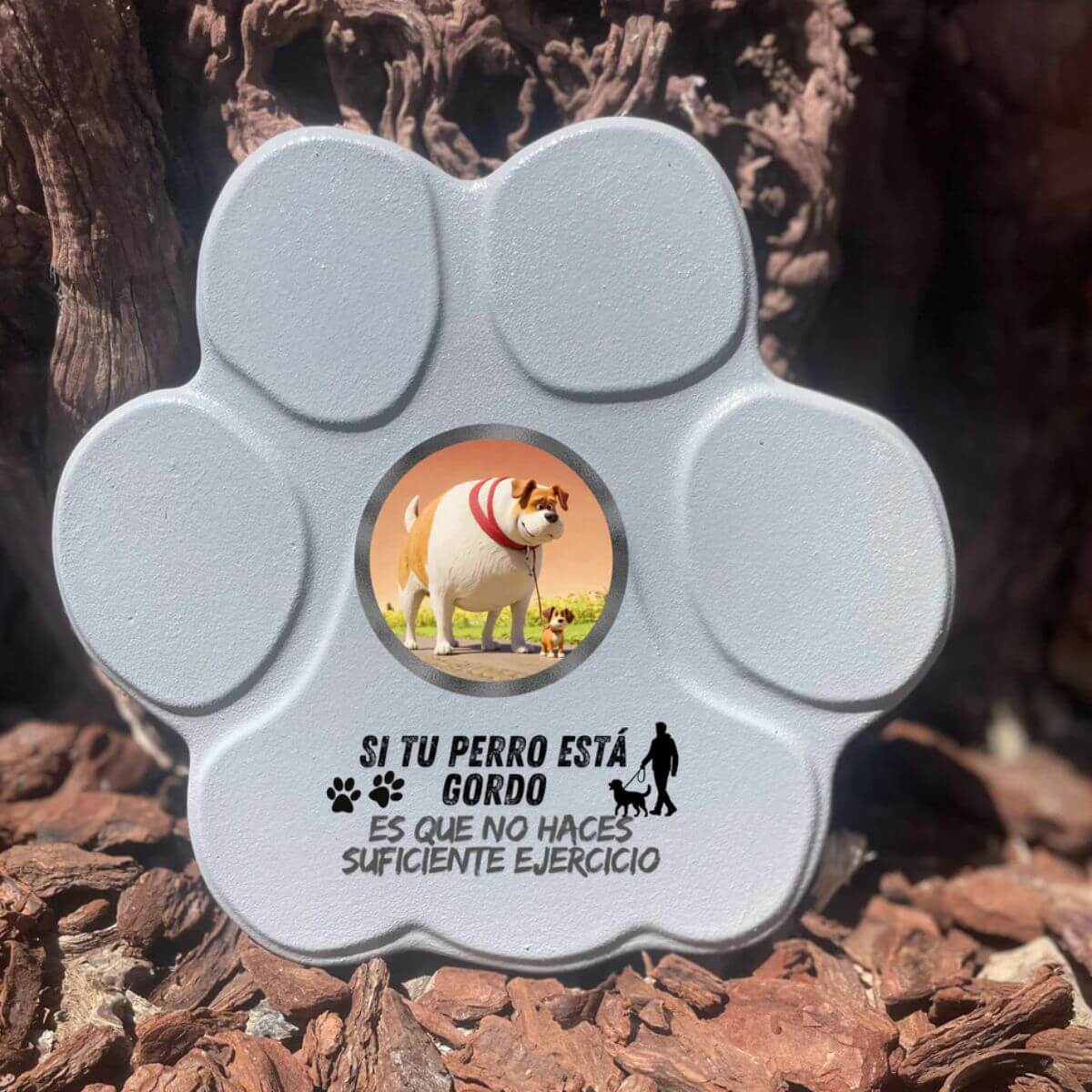 Placa divertida con frase “Si tu perro está gordo”, huella mediana, color gris, sin soporte