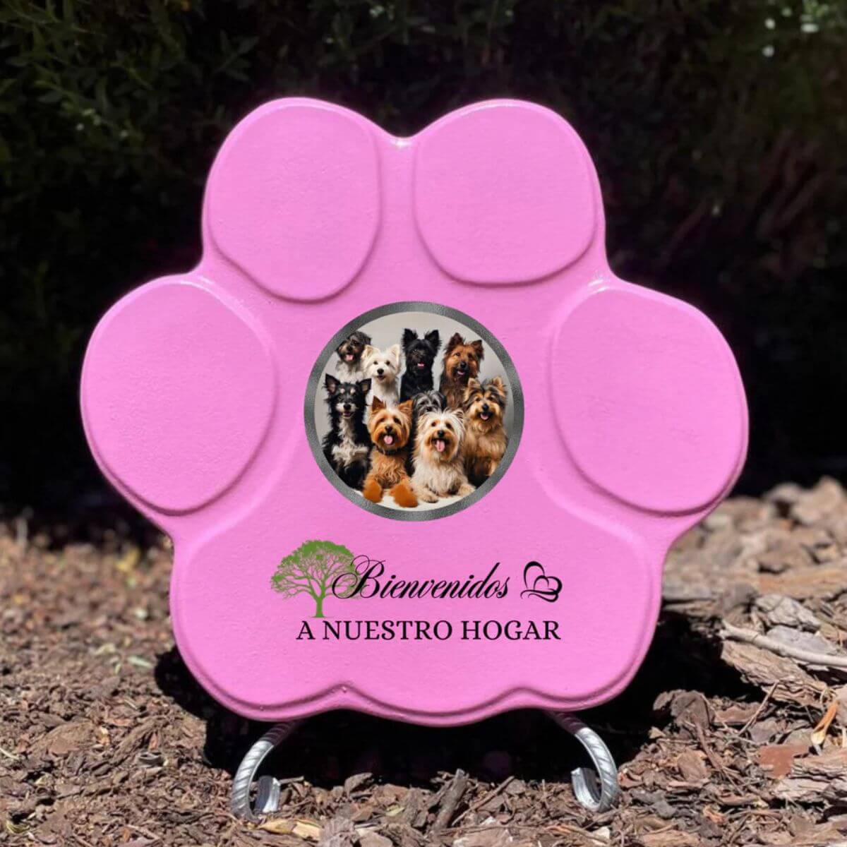 Placa mediana rosa para mascotas con foto y frase “Bienvenidos a nuestro hogar” — ideal para decorar tu casa.