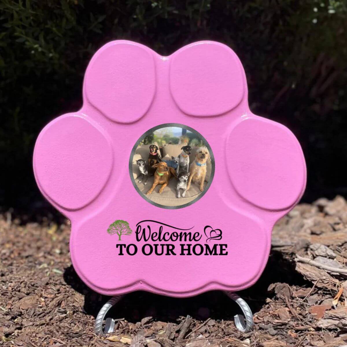 Placa rosa mediano con soporte, con foto de mascota y frase personalizada – regalo hecho a mano para perros y gatos