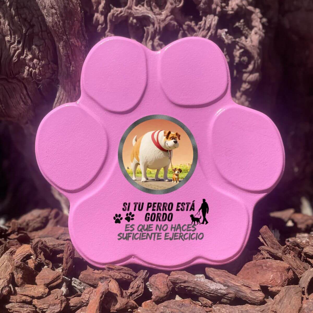 Placa divertida con frase “Si tu perro está gordo”, huella mediana, color rosa, sin soporte