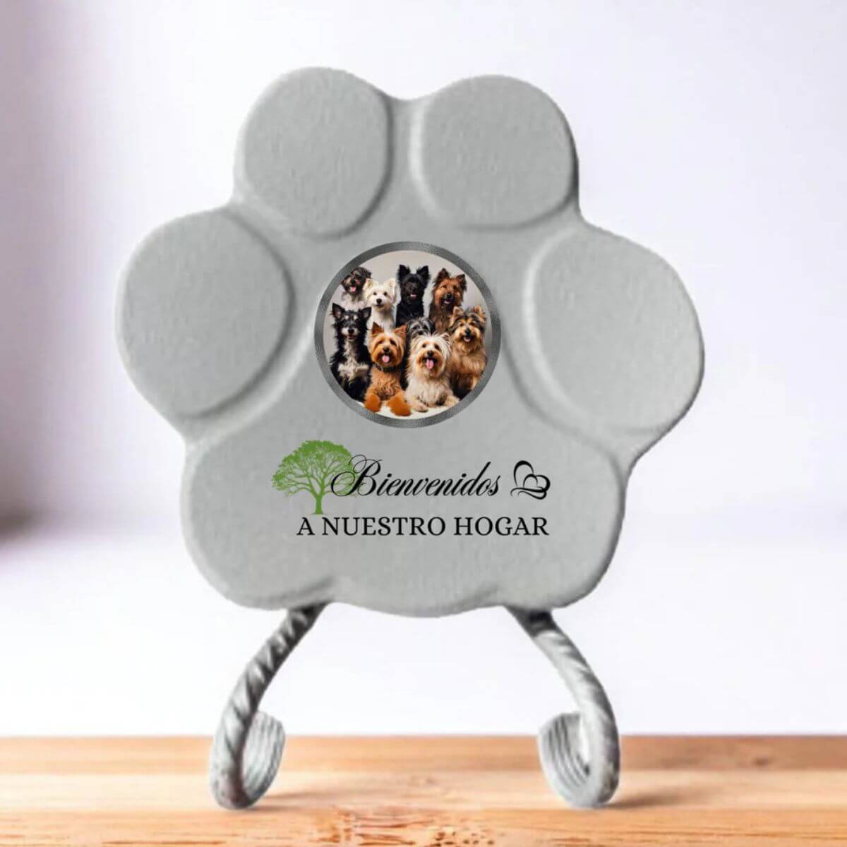 Placa personalizada para mascotas en piedra gris con soporte y foto – decoración de bienvenida “Bienvenidos a nuestro hogar”