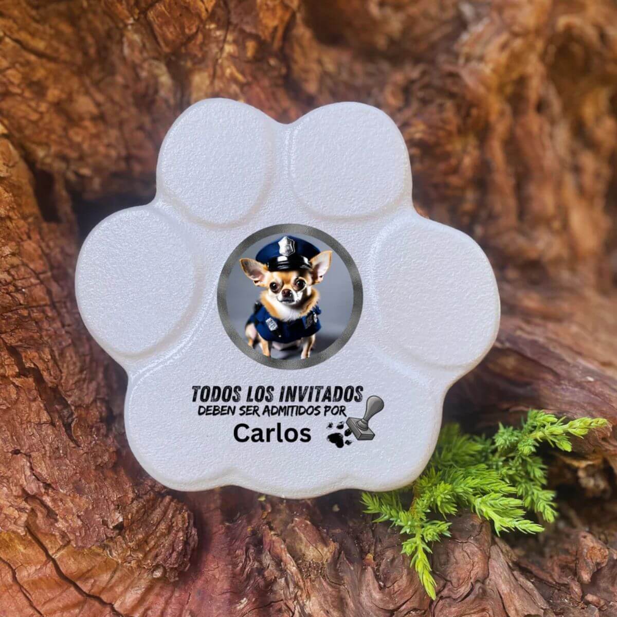 Placa divertida con frase “Todos los invitados deben ser admitidos por...”, tamaño pequeño, color gris, sin soporte