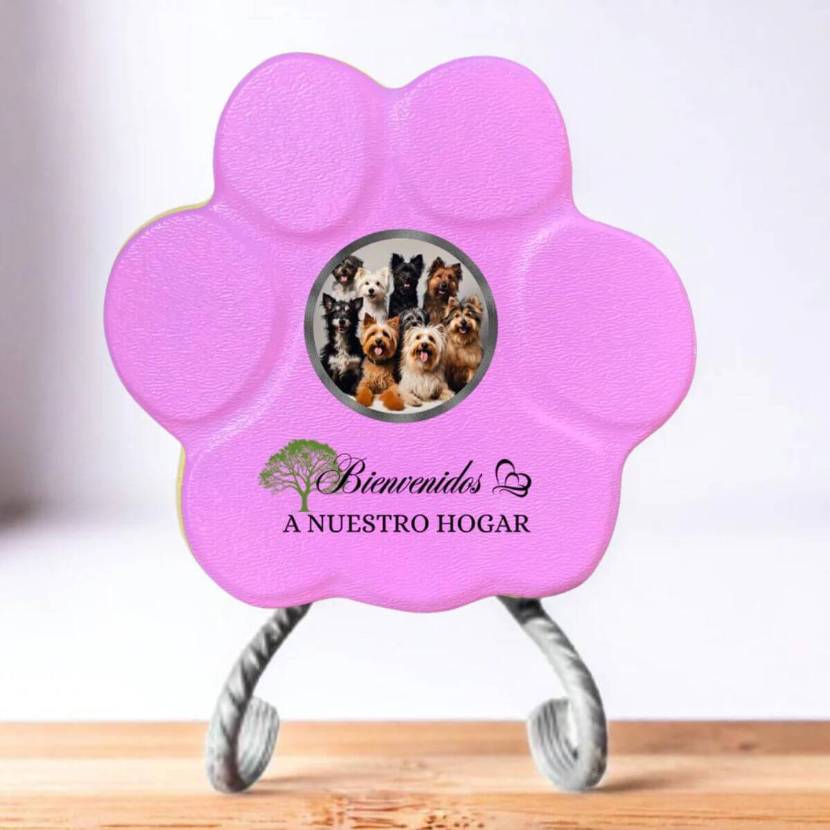 Placa decorativa rosa con foto de mascota y texto “Bienvenidos a nuestro hogar” – regalo original para amantes de animales