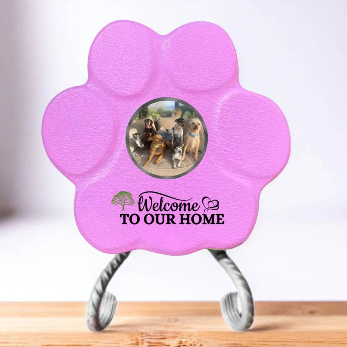 Placa rosa pequeño con soporte, con foto de mascota y frase personalizada – regalo hecho a mano para perros y gatos