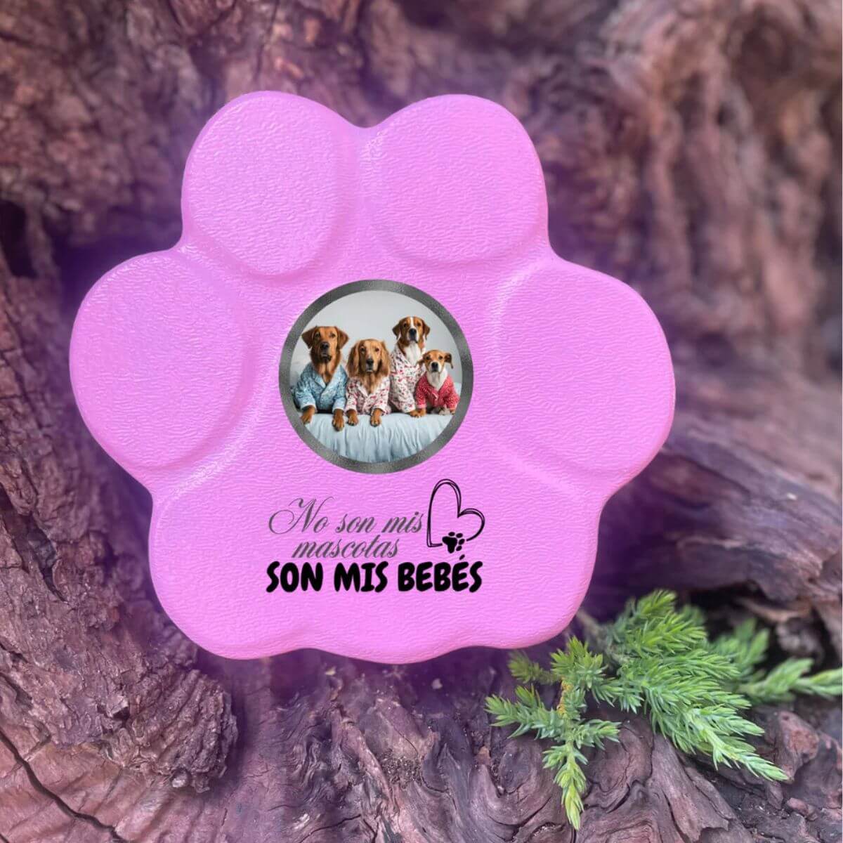 Placa personalizada para mascota pequeña rosa con foto y frase “Son Mis Bebés”, sin soporte