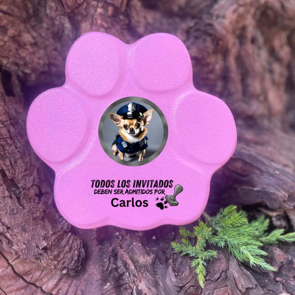 Placa divertida con frase “Todos los invitados deben ser admitidos por...”, tamaño pequeño, color rosa, sin soporte