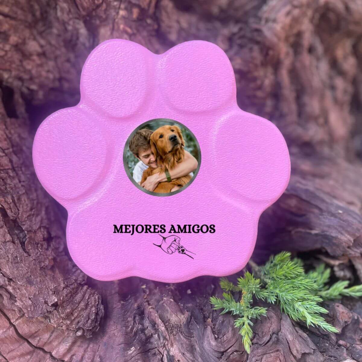 Huella de piedra personalizada pequeña rosa sin soporte, foto de un hombre con su perro y la frase "Mejores Amigos".