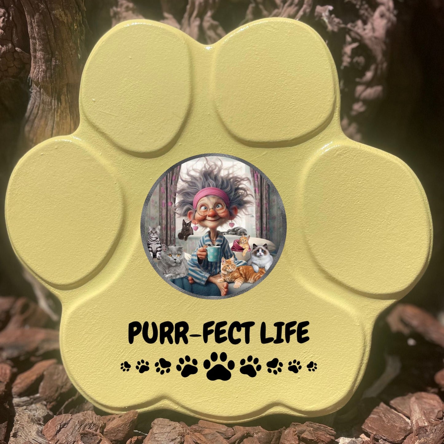 Huella de piedra 'Purr-fect Life' en color amarillo, tamaño grande, sin soporte para decoración de jardín o hogar.