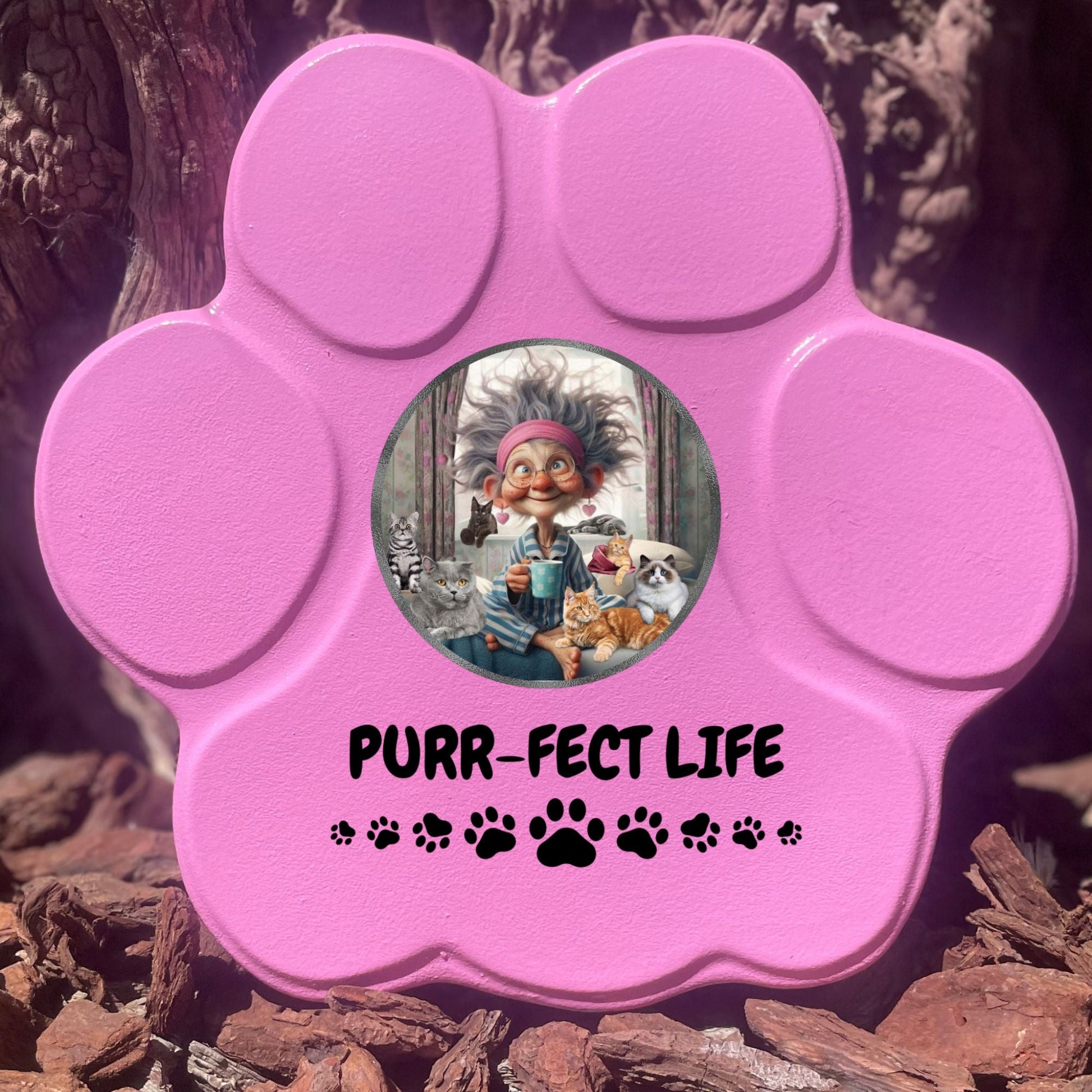 Huella de piedra 'Purr-fect Life' en color rosa, tamaño grande, sin soporte para decoración de jardín o hogar.