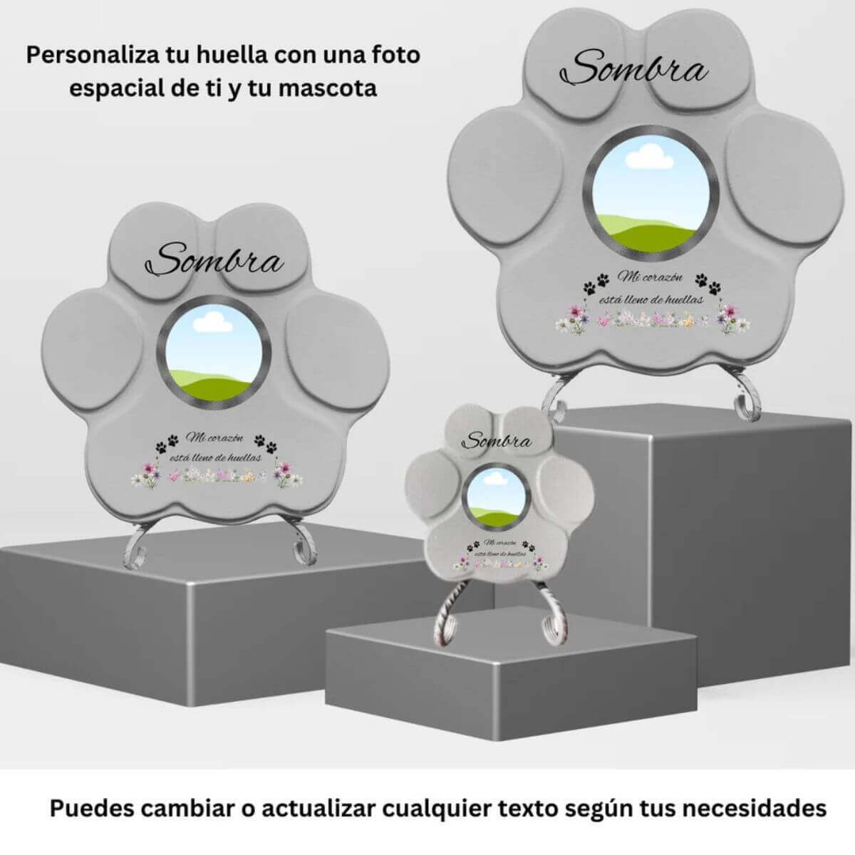 Ejemplo de huellas conmemorativas personalizadas en tamaños pequeño, mediano y grande, mostrando la ubicación del nombre y la foto de la gato en la lápida.