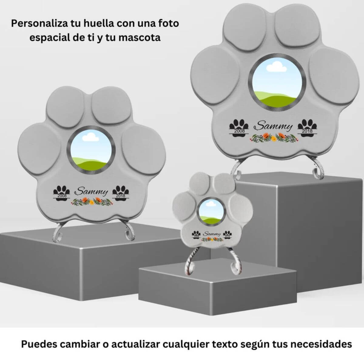 Ejemplo de huellas conmemorativas en piedra para mascotas fallecidas, en tamaños pequeño, mediano y grande. Muestra cómo se personaliza con el nombre, fechas y la foto del perro o gato en cada lápida.