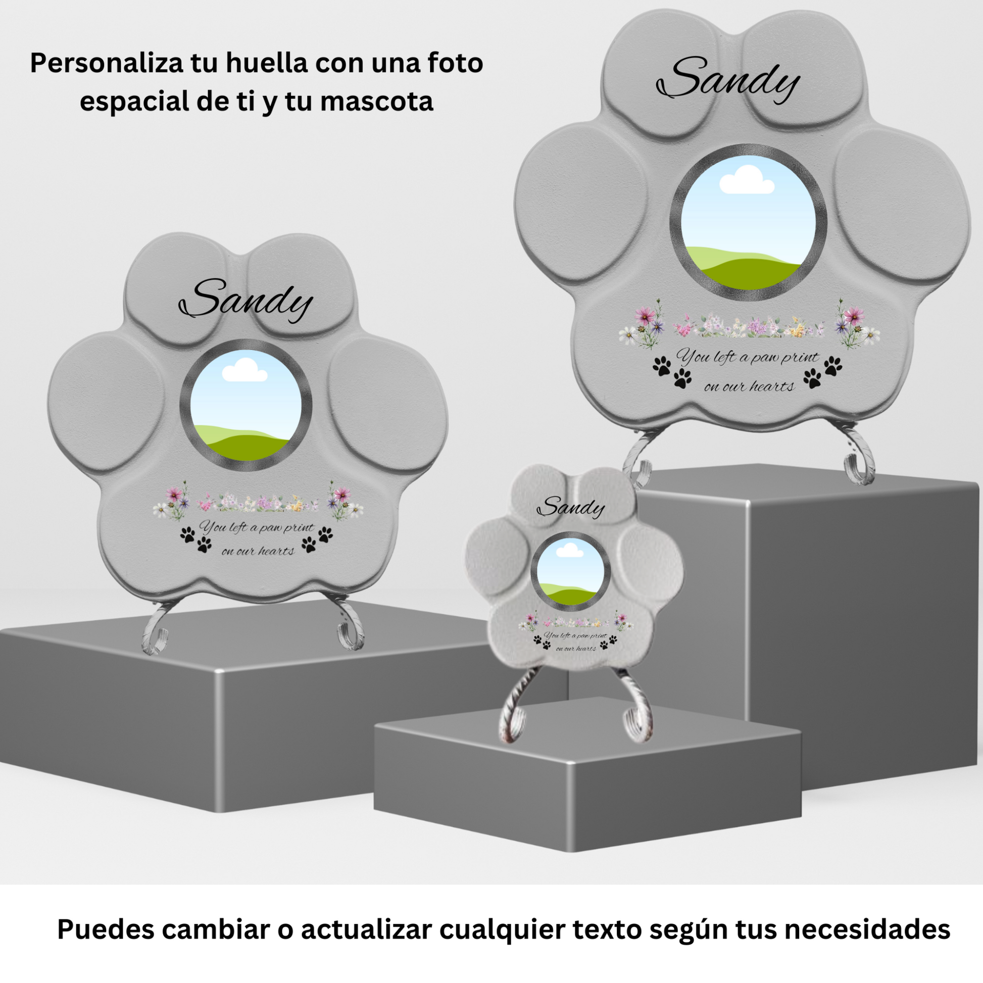 Ejemplo de huellas conmemorativas personalizadas en tamaños pequeño, mediano y grande, mostrando la ubicación del nombre, y la foto de la mascota en la lápida.
