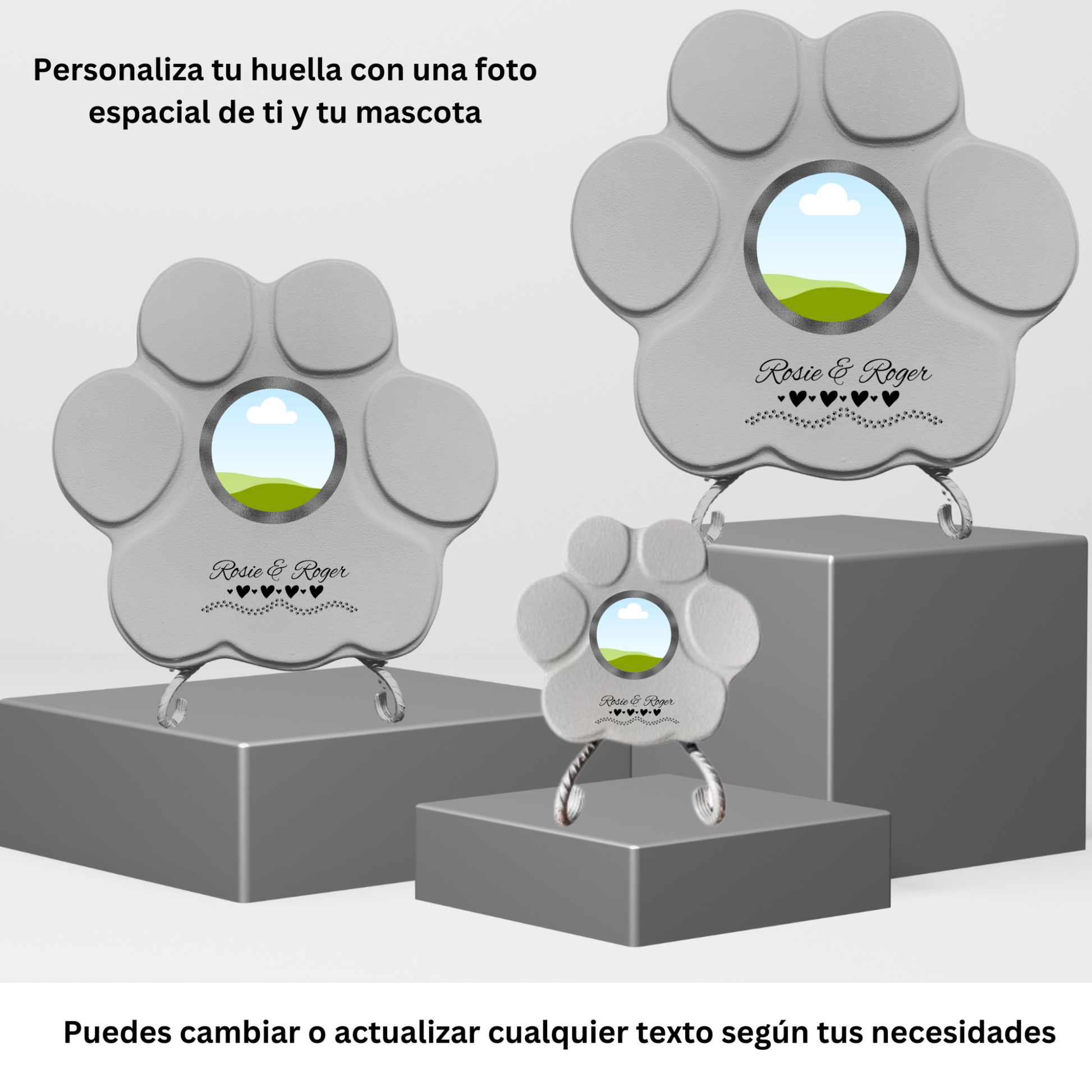 Ejemplo de huellas conmemorativas personalizadas en tamaños pequeño, mediano y grande, mostrando la ubicación del nombre, y la foto de la mascota en la lápida.
