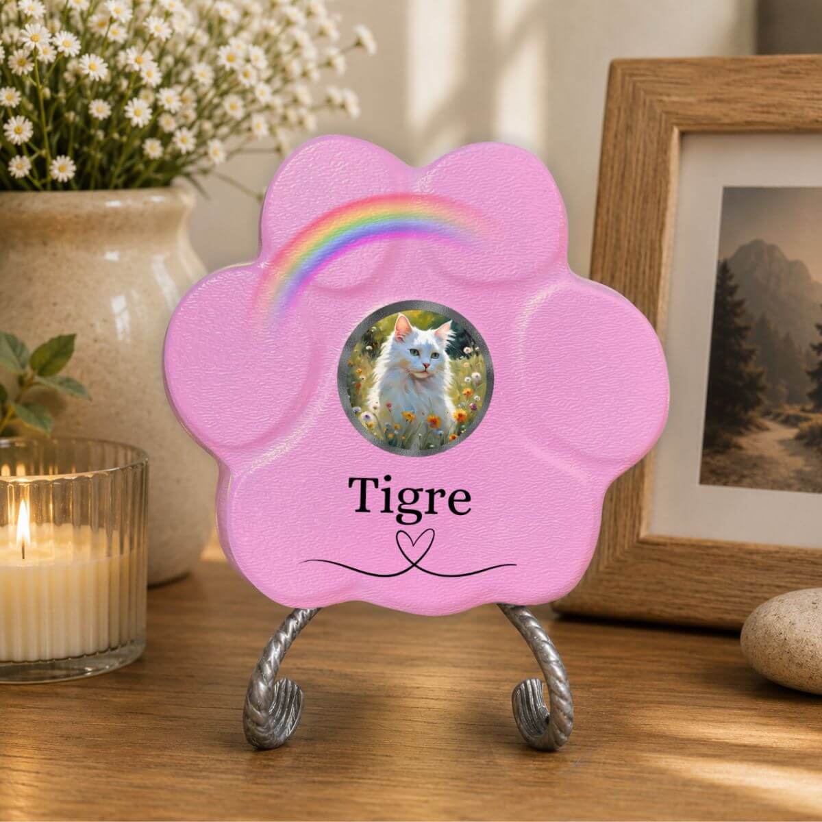 Placa conmemorativa personalizada para gato con foto y nombre Tigre en huella de hormigón rosa con soporte decorativo y arcoíris simbólico para recuerdo de gato fallecido en el hogar
